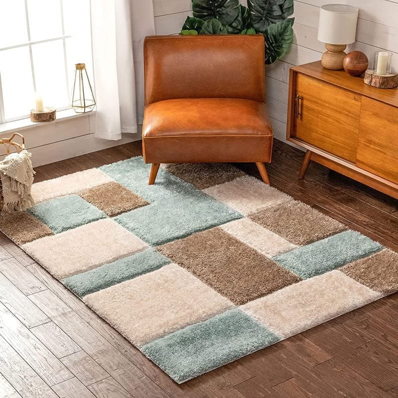 GEM CARPETS Super Soft Microfiber Fluffy and Plush Modern Carpets for Living Room with 2 inch Thickness BeigeGreenIvory6 X 8 FEET