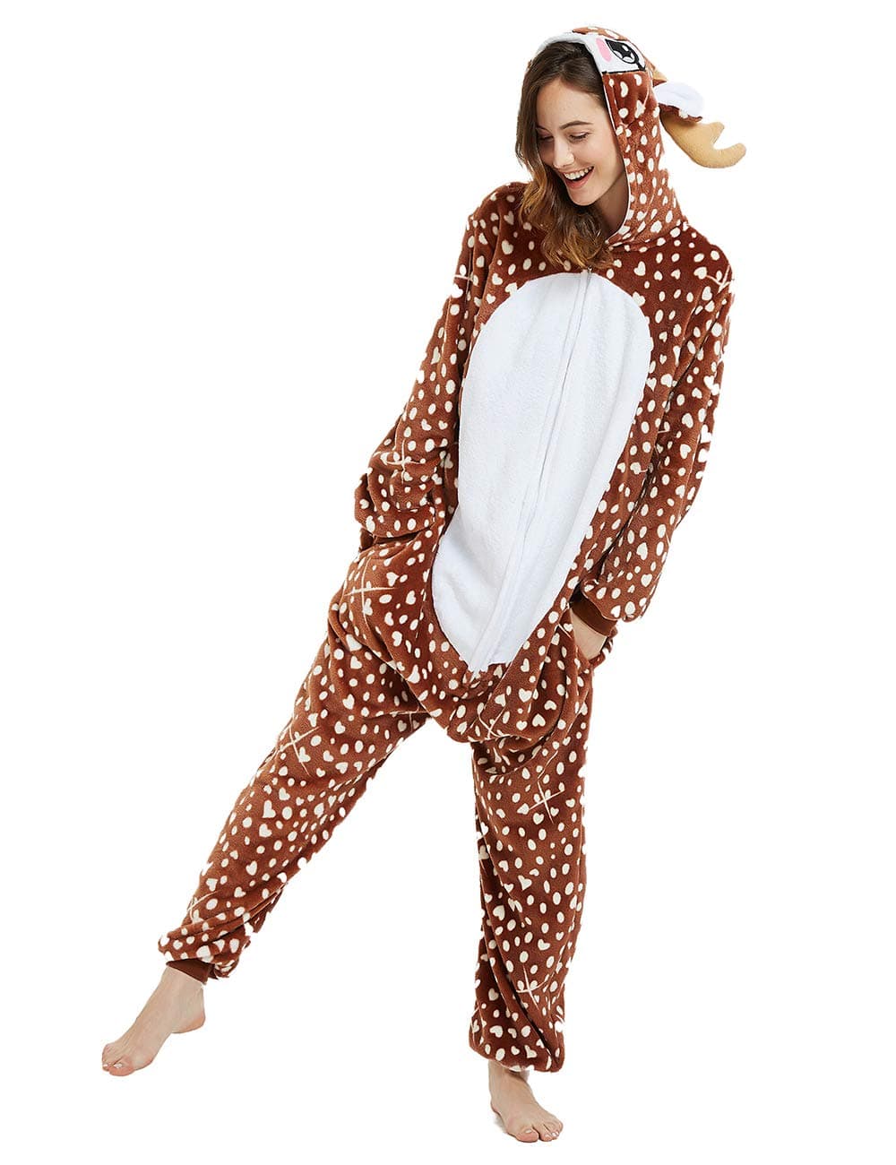 ABENCA Deer Onesie Pajamas for Women Adult Cartoon One Piece Animal Reindeer Halloween Christmas Cosplay CostumeDot DeerS Brown