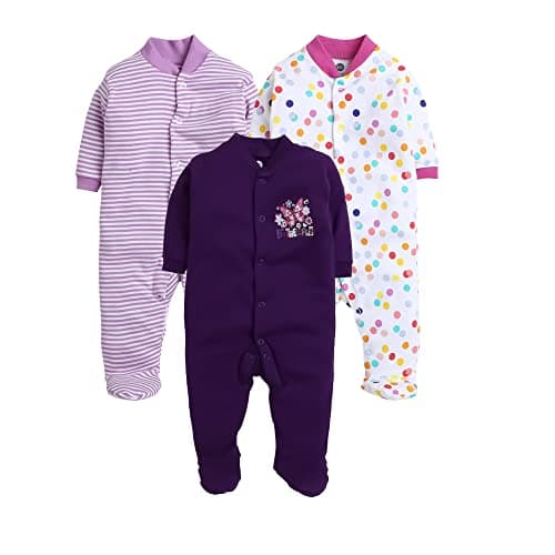 EIO 100% Cotton Baby Rompers Sleepsuits Jumpsuits Night Suits for Newborn Baby Boys & Girls | Soft Infant Bodysuit | Pack of 3 Kids Rompers Purple