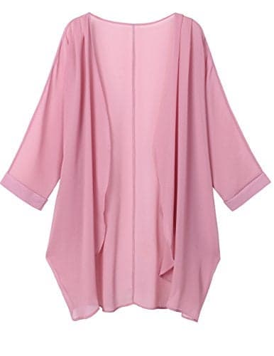olrain Women's Floral Print Sheer Chiffon 3/4 Bat Sleeve Casual Loose Kimono Cardigan Capes (Large, Pink)