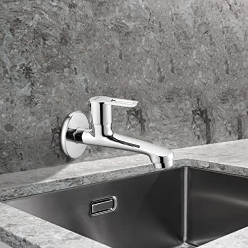 Ruhe® Kubix Bib Cock Long Body Brass Faucet | Wall Mounted Bib Tap for Bathrooms, Washing Areas, Gardens | Faucet with Chrome Finish | Brass Tap