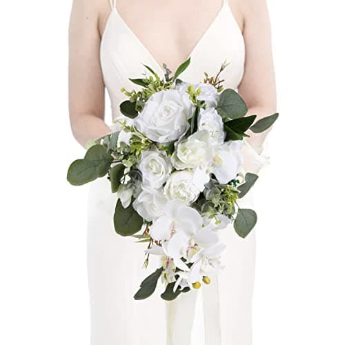 INSUNSIX Artificial Bridal Bouquet, 11 Inch White Artificial Wedding Bouquets for Bride Bridal Bouquet Bridesmaid Bouquet Tossing Bouquet for Wedding Ceremony and Anniversary(White)