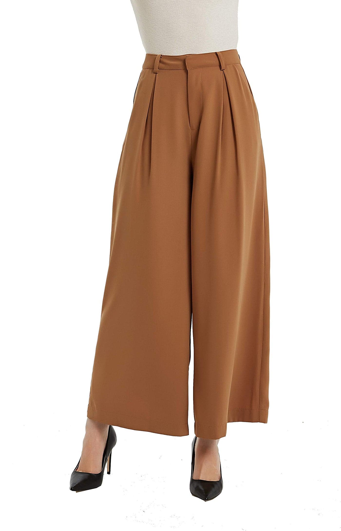 Tronjori Women High Waist Casual Wide Leg Long Palazzo Pants Trousers Regular Size(XXL,Brown Short)