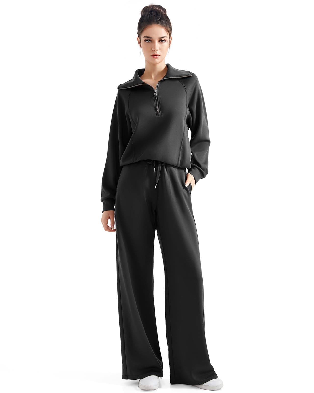 SUUKSESS Women 2 Piece Lounge Matching Sets Wide Leg Sweatpants Half Zip Oversized Sweatshirts (Black, S)