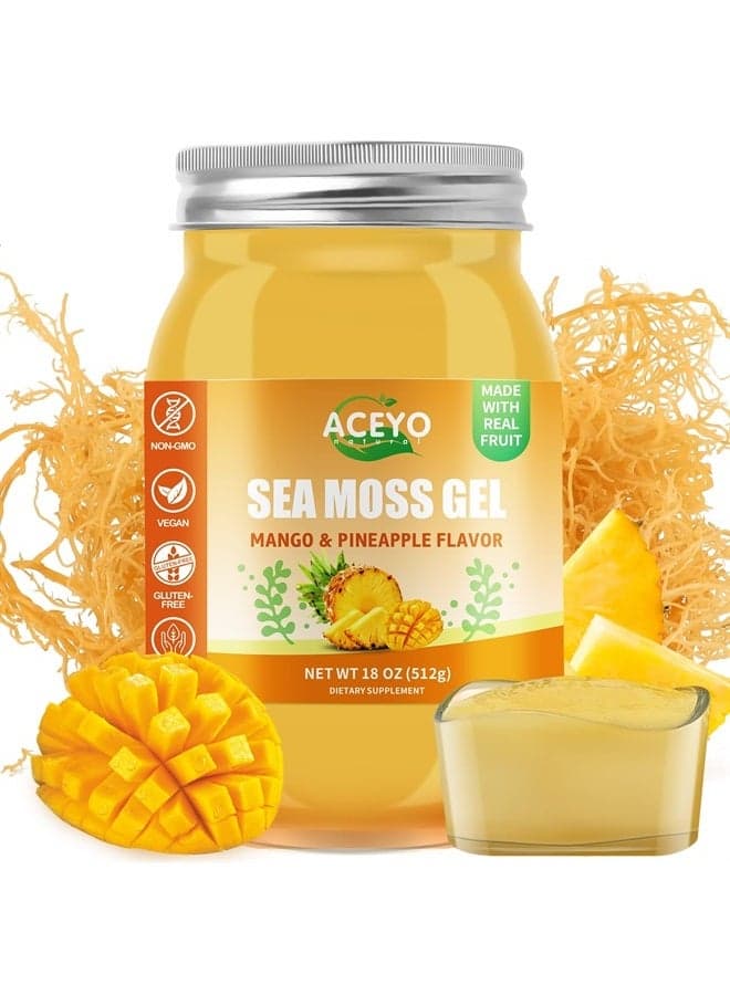 (18 OZ) Irish Sea Moss Gel Organic Raw Vegan Mango Pineapple Flavor 102 Vitamins and Minerals Wild Harvested Non-GMO Immune Defense Booster Thyroid Digestive Support
