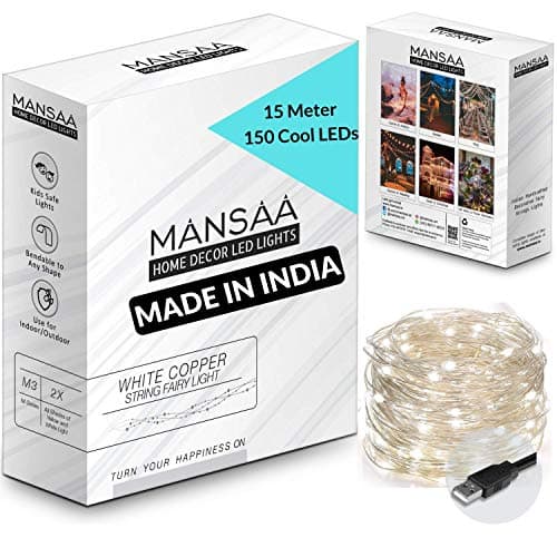 Mansaa Essentials - Copper String LED Light for Home Decoration (15m, 150 LEDs, USB Powered (Without Adaptor) (Cool White String Light, Pack of 1)