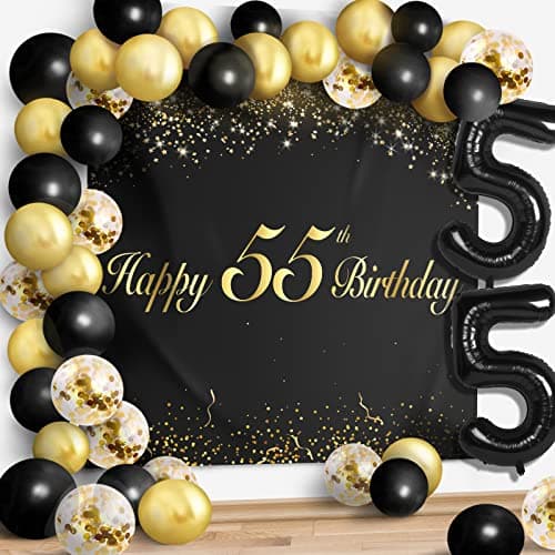 Happy 55th Birthday Balloons Black Set Decor Cheers to 55 Years Old Party Theme Garland Banner Backdrop Decorations For Women and Men Supplies