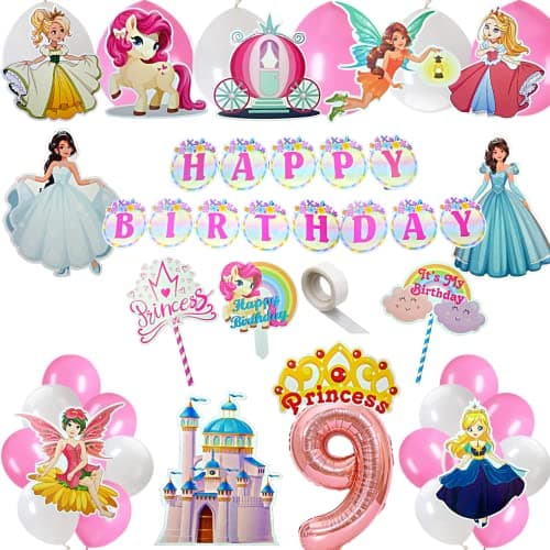 FI - FLICK IN 49 pcs 9th Birthday Decoration for Girls Car Castle Cutouts Metallic Balloons Princess Ninth Birthday Decorations Girl Number 9 Foil Balloon (Pack of 49, Pink)
