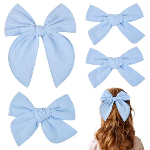DEEKA 4 PCS Blue Cotton Linen Hair Bows 3 Styles 5 4 Handmade Hair Bow set for Toddler Girls Alligator Hair Clips Knot Bows Hair Accessories for Little School Girls Blue