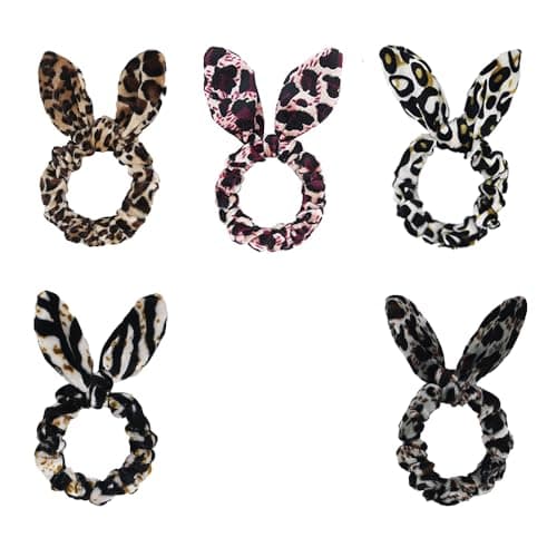 DINPREY Set of 5 Leopard Animal Print Hair Scrunchies Cheetah Scrunchies Elastic Hair Bands Leopard Hair Bow Ponytail Holder for Women (5 PCS Animal Print Chiffon Hair Scrunchies)