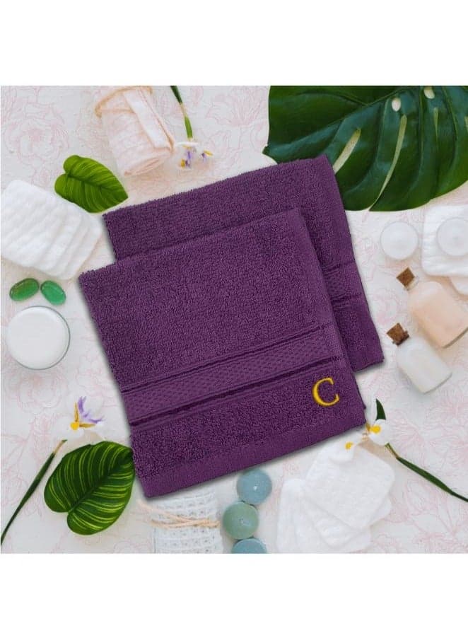 Daffodil (Purple) Monogrammed Face Towel (30 x 30 Cm - Set of 6) 100% Cotton, Absorbent and Quick dry, High Quality Bath Linen- 500 Gsm Golden Thread Letter "C"