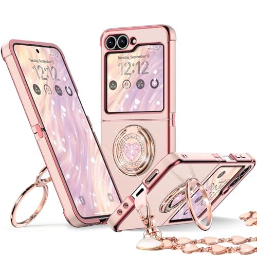 XYZ for Samsung Galaxy Z Flip 6 case with Stand,Z Flip 5 Phone Case with Double Ring & Strap,Women Girls Cute Love-Heart Luxury Bling Protective Cover Heart for Samsung Z Flip 6/5, Pink