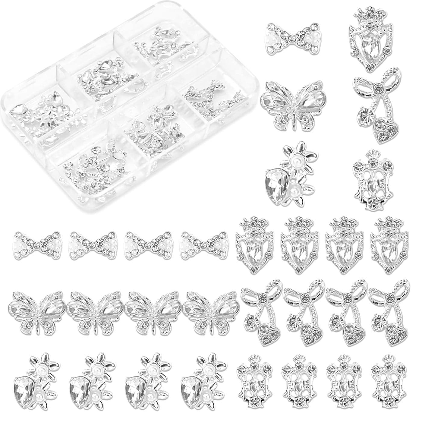 DANNEASY 30pcs 3D Nail Charms Silver Charms for Nails Alloy Nail Jewels Butterfly Bow Design 3D Nail Art Charms Nail Rhinestones Diamond Nail Decoration for Acrylic Nail Art Accessories