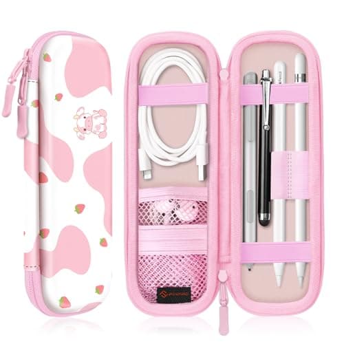 Fintie Holder Case for Apple Pencil Pro, Apple Pencil (USB-C / 1st / 2nd Generation), PU Leather Carrying Bag Sleeve Compatible with Pen, USB Cable, Samsung Stylus, Strawberry Cow