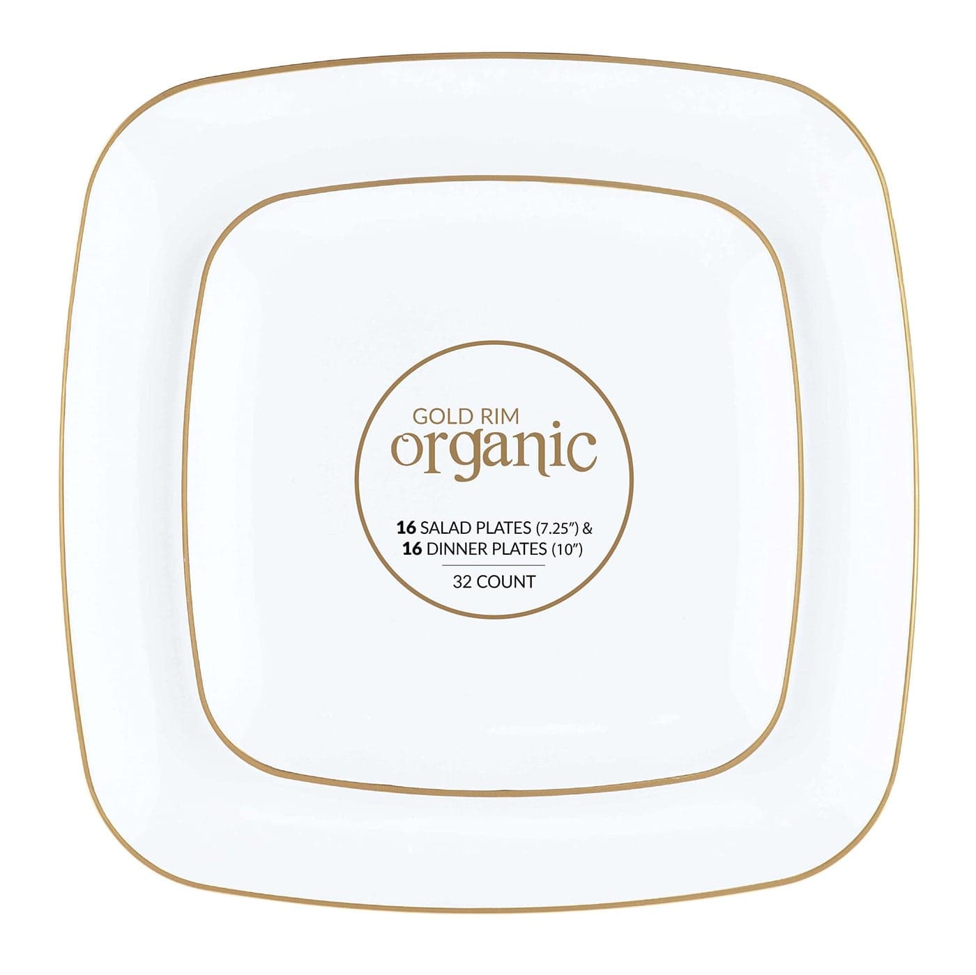 PLASTICPRO Square 32 Piece Combo Plates Set includes 16 x 7 inch Salad Plates 16 x 10 inch Dinner Plates White Plastic Gold Rim Design Party Plates Premium heavyweight Elegant