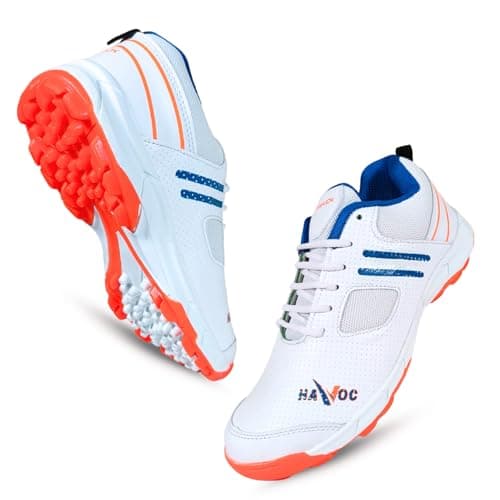 Prokick Havoc Cricket Shoes for Men and Women|Lightweight & Durable Cricket Shoes|PVC Studs Spikes Sports Shoe for Unisex|Synthetic Leather Upper Sports Shoes|EVA Sockliner, White/Orange/Blue-6 UK