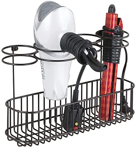 INDIAN DECOR 28659 Hair Dryer Holder Bathroom Hair Straightener and Blow Dryer Storage Metal Hanging Basket for Heated Appliances Black Made in India