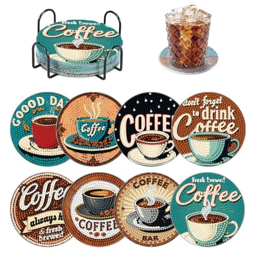 8 PCS Coffee Diamond Art Coasters Kits, Diamond Painting Coasters with Holder Set of 8, DIY Drink Art Crafts Supplies for Adults Cup Mat House Warming Gifts Non-Slip 3.9inch
