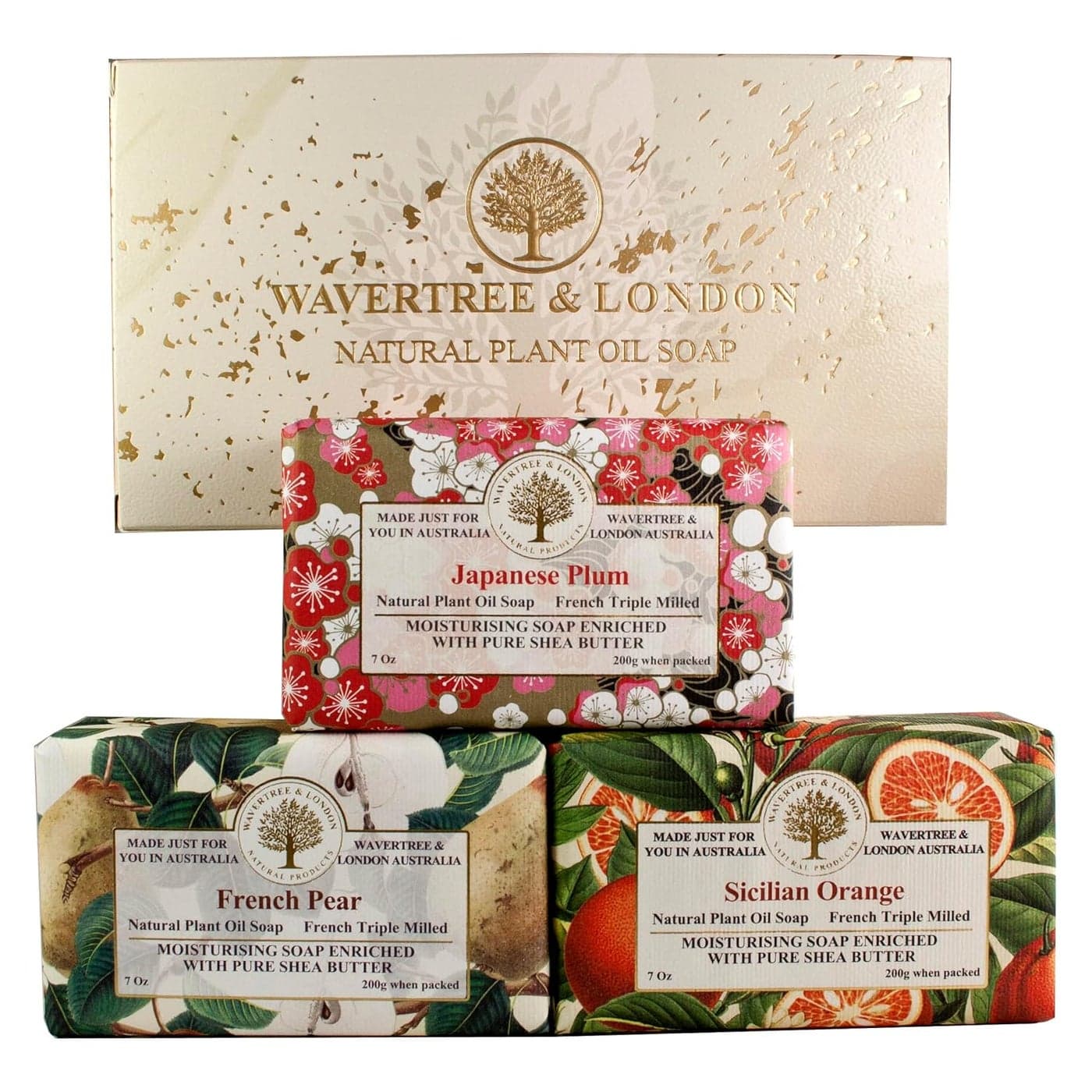 Wavertree London Trio Gift Box 3 Bars 7oz Japanes Plum French Pear and Sicilian Orange Scented Moisturizing French Triple Milled Natural Soap Bars Pure Plant Oil Soap Bars for All Skin Types