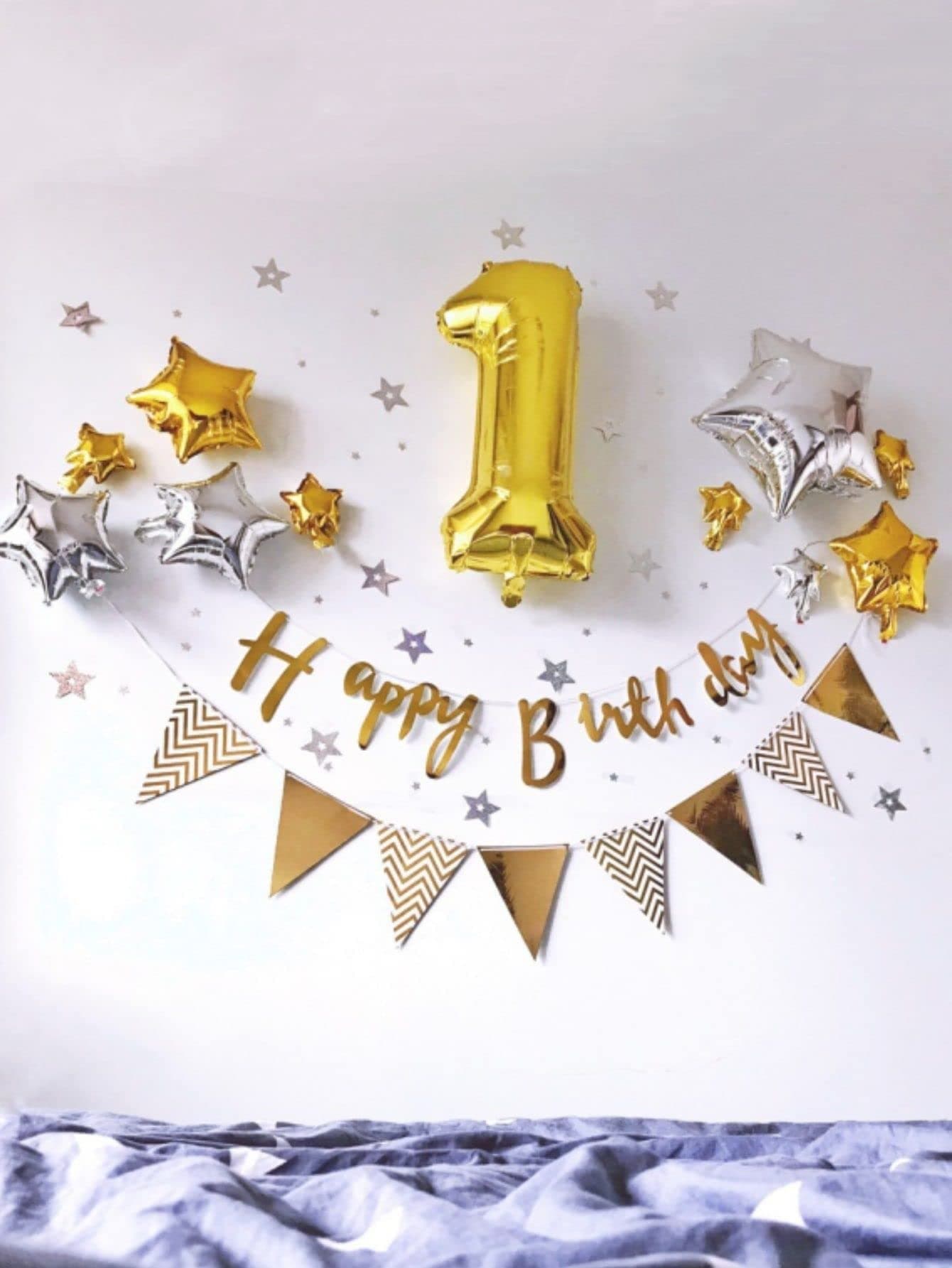 Lazybeee 14pcs 1st Birthday Decoration Kit for Baby Girl Boy | Balloons Set Large Number 1 with Birthday Cardstock and Star for Party Decorations for Kids Theme Party Foil Balloons