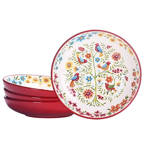 Bico Red Spring Bird Pasta Bowls, 35oz Salad Bowl Set of 4, Large Ceramic Serving Dinner Bowls for Soup and Cereal, Microwave and Dishwasher Safe, Gift for Housewarming and Thanksgiving