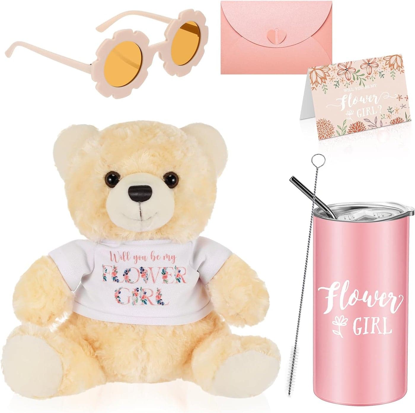 Woanger 5 Pcs Flower Girl Proposal Gifts Set 14 oz Pink Tumbler Cup Will You Be My Flower Girl Bear Plush Floral Sunglasses Proposal Gift Card and Envelope
