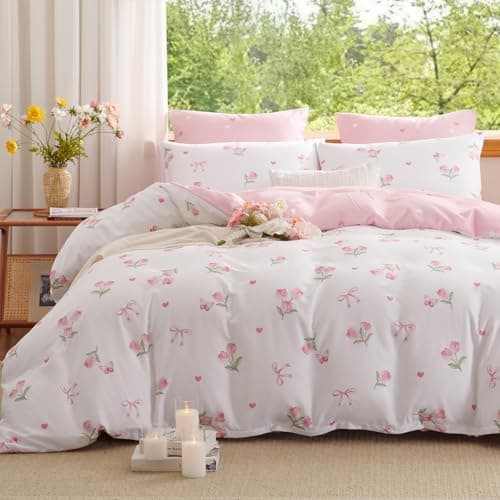 Erwinmu Floral Comforter Set Twin Size,2 Pieces Pink Floral Bow Ties Comforter Bedding Sets Reversible Pattern Back to School for Girls Kids,Chic Tulips with Heart Comforter and 1 Pillowcase