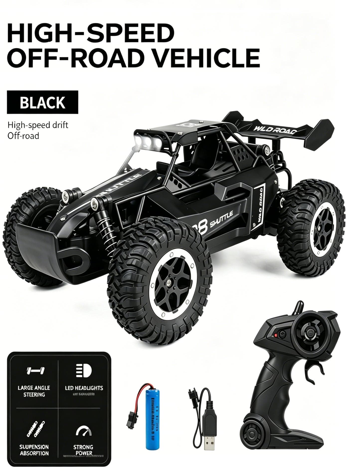 High-Speed Drift Off-Road Remote Controlled Cars 1:16 Off-Road Vehicle Monster Truck LED Headlight Outdoor 2WD Offroad Hobby RC 2.4GHz for Kids/Boys/Girls Birthday