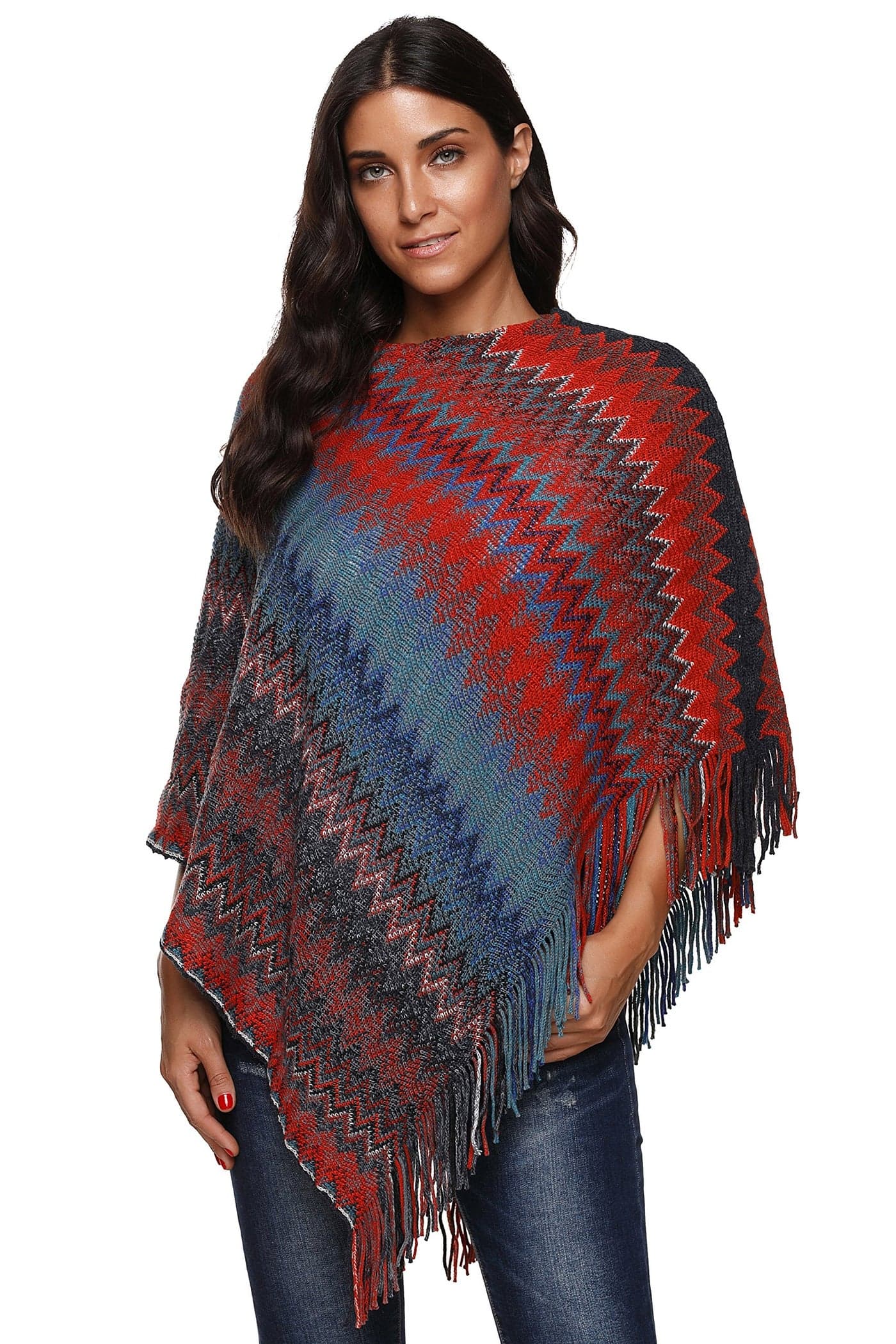 SherryDC Women's Zig-Zag Knit Tassel Fringed Pullover Poncho Sweater Cape Shawl Wrap Blue+red One Size