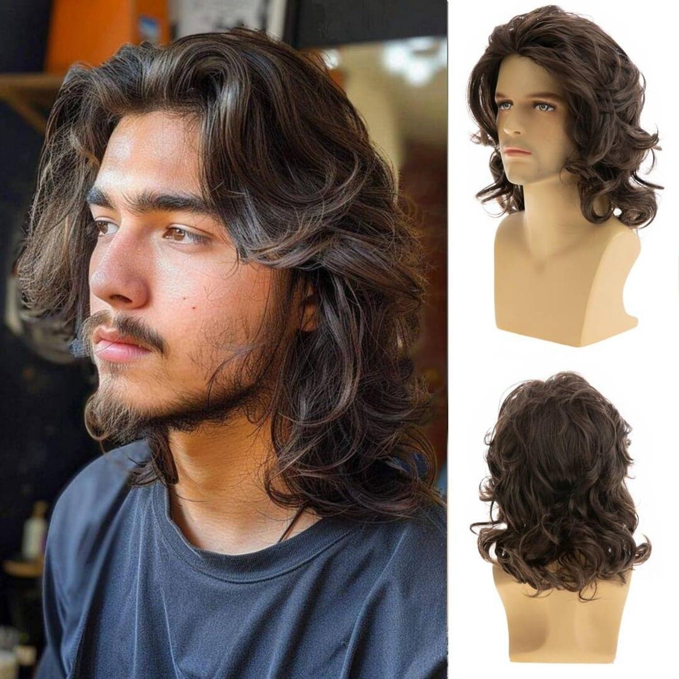 Mens Wig Long Wavy Brown Wig for Male Heat Resistant Synthetic Hair Cosplay Party Costume Wig