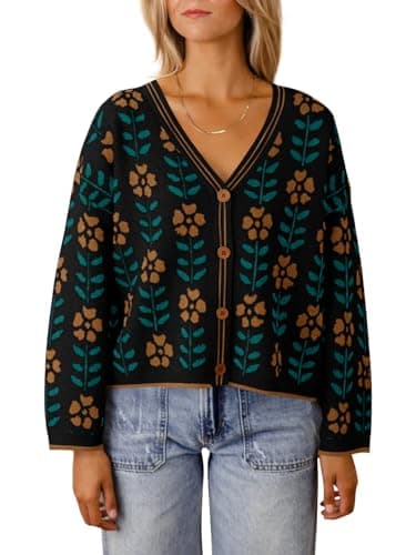 Saodimallsu Womens Floral Print V Neck Cardigan Open Front Button Down Knit Sweater Long Sleeve Loose Fashion Tops Black