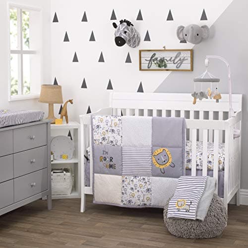 Little Love by NoJo Roarsome Lion - Grey, Yellow, White 3Piece Nursery Crib Bedding Set with Comforter, Fitted Crib Sheet, Dust Ruffle, Yellow, Grey, White, Charcoal