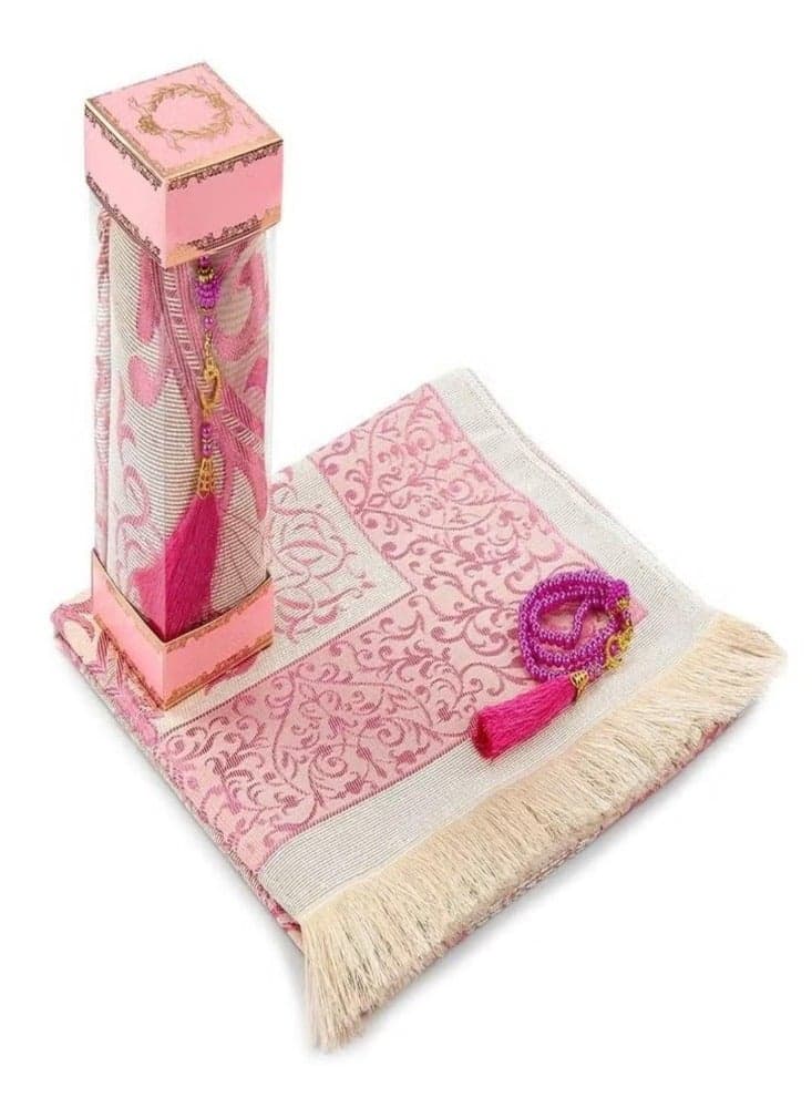 Muslim Prayer Mat and Prayer Beads with Elegant Gift Box, Janamaz, Sajadah, Soft Islamic Prayer Mat, Islamic Gift Set, Taffeta Fabric