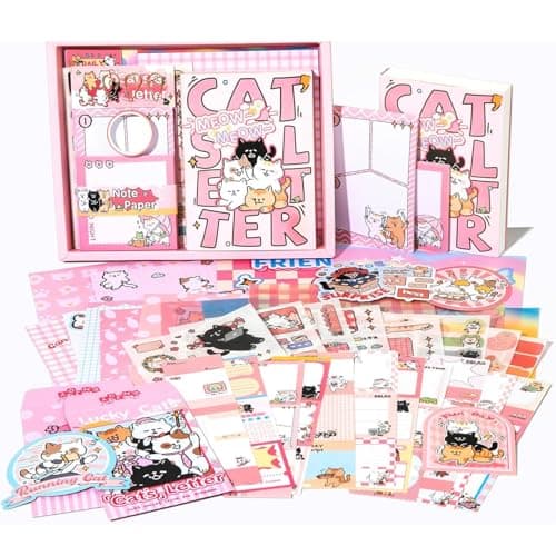 The AutoStory Cute Feline Scrapbook Kit A6 Junk Journal Notebook Kawaii Animal Stickers Pet Collage Papers Washi Tape DIY Art Diary Crafting Supply Gifts Teen Girls (Cat's Letter, Pink)