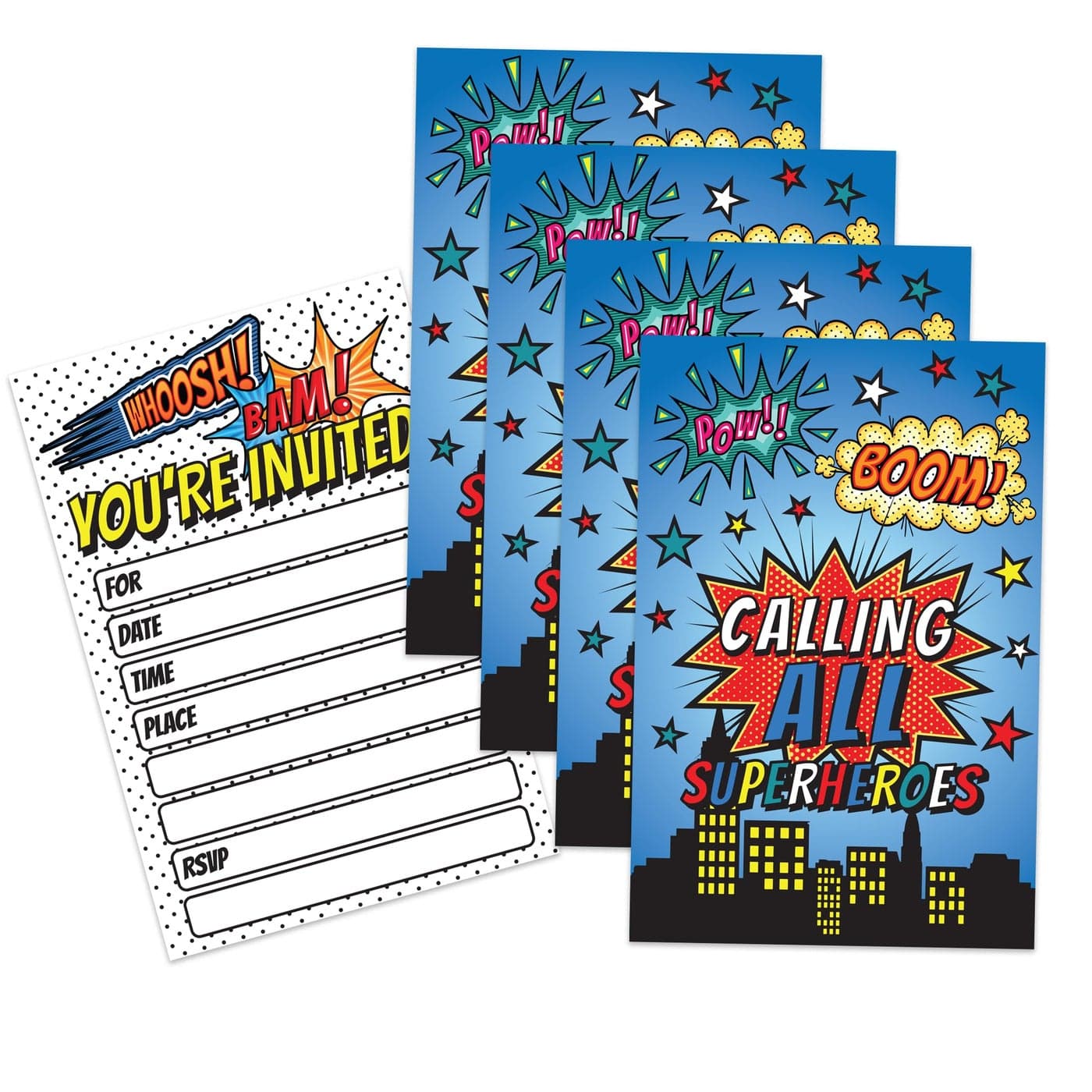 Superhero Comic Book Super Heroes Birthday Party Invites For Boys Kids 20 Count of 4 x 6 Inch Double Sided FillIn Invitations With Wet To Seal Envelopes