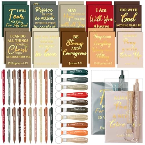 Eersida 80 Pcs Bulk Christian Gifts Bulk Religious Bible Verse Scripture Notebooks Quote Inspirational Ballpoint Pens Silicone Keychain for Church Sunday School Graduation End of Year GiftsClassic
