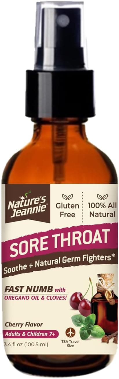 Nature's Jeannie Sore Throat Spray - Cherry Flavor - 3.4 Fl Oz - TSA Travel Size - Soothing Natural Germ-Fighters with Oregano Oil & Cloves for Natural Numbing Comfort