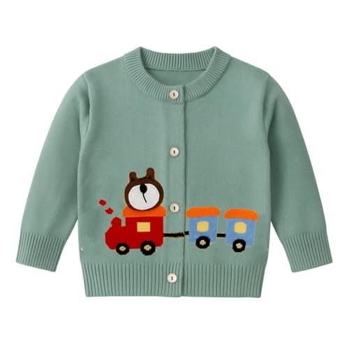 Bold N Elegant Knitted Car Cardigan Sweater for Infant Toddler Baby Boys n Girls | Warm Woolen Front Open Winter Sweater for Kids Infant Toddler Kids Green