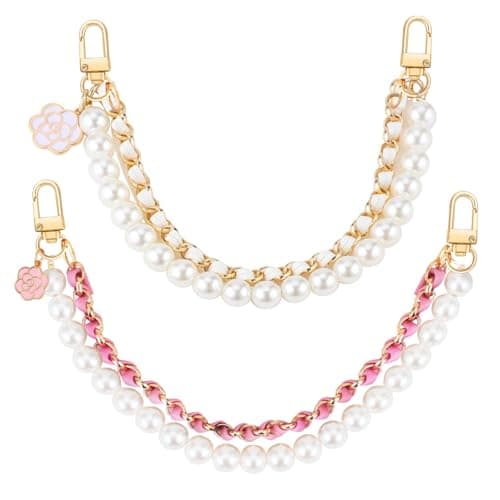 Tmtains 2Pcs Purse Extender Chain Gold Pink Bag Extender Chain Floral White Purse Strap Extender Pearl Purse Strap Replacement Crossbody Purse Accessories for Women Bag Charms for Handbags Tote Bags