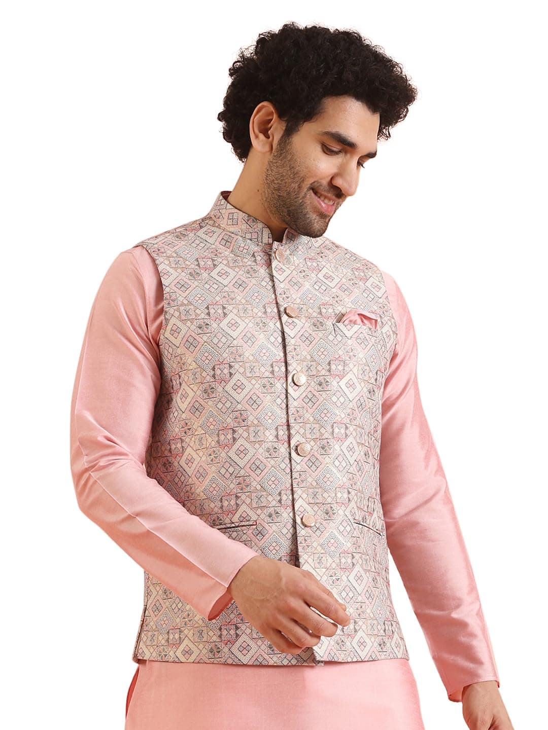 KISAH Men Multi-Color Jacquard Geometric Nehru Jacket, 42