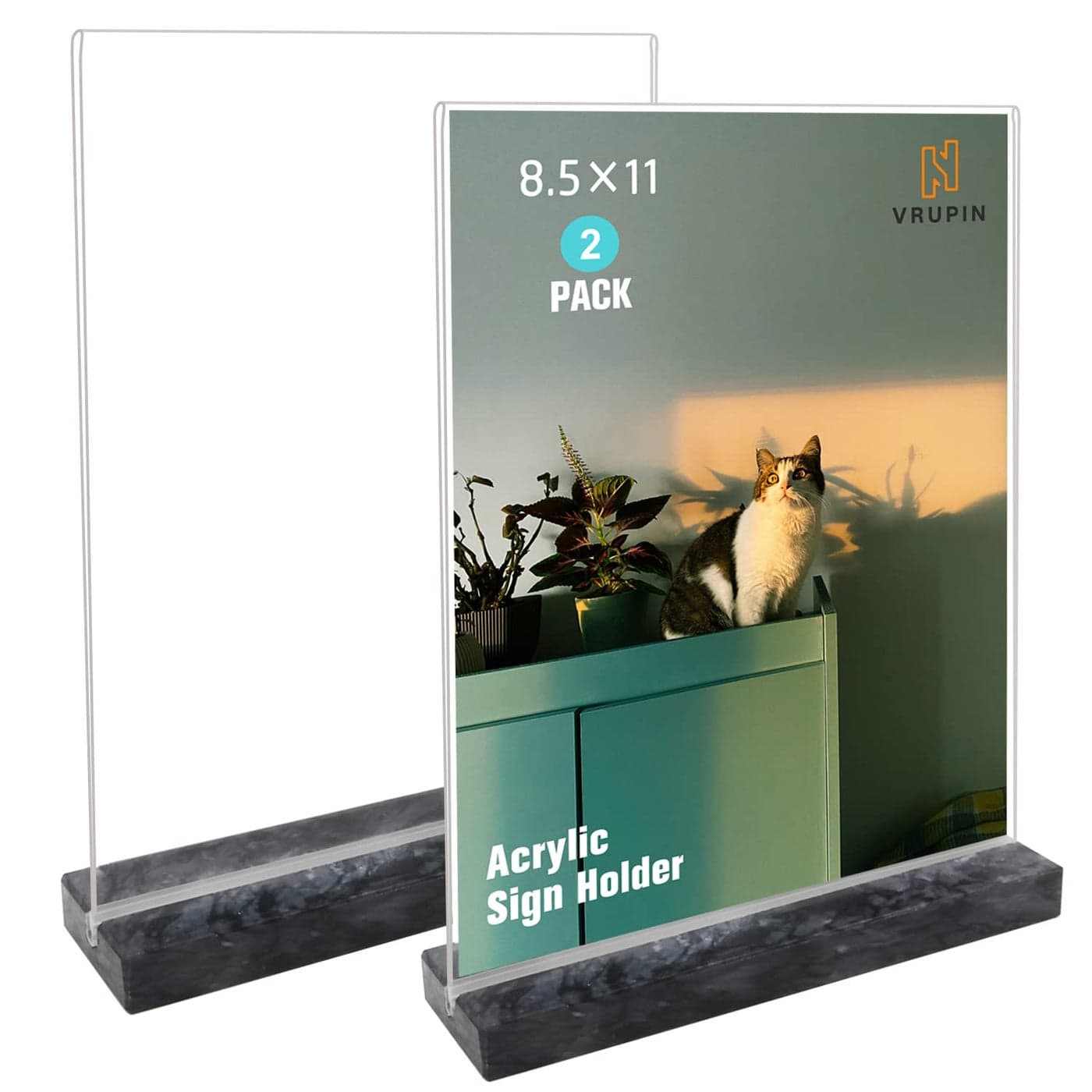 vrupin 2 Pack 85x11 Acrylic Sign Holder Acrylic Frame Natural Marble Base Clear Plastic Sign Holder Picture Photo Frames Flyer Document Paper Display Stand for Office Desktop black marble