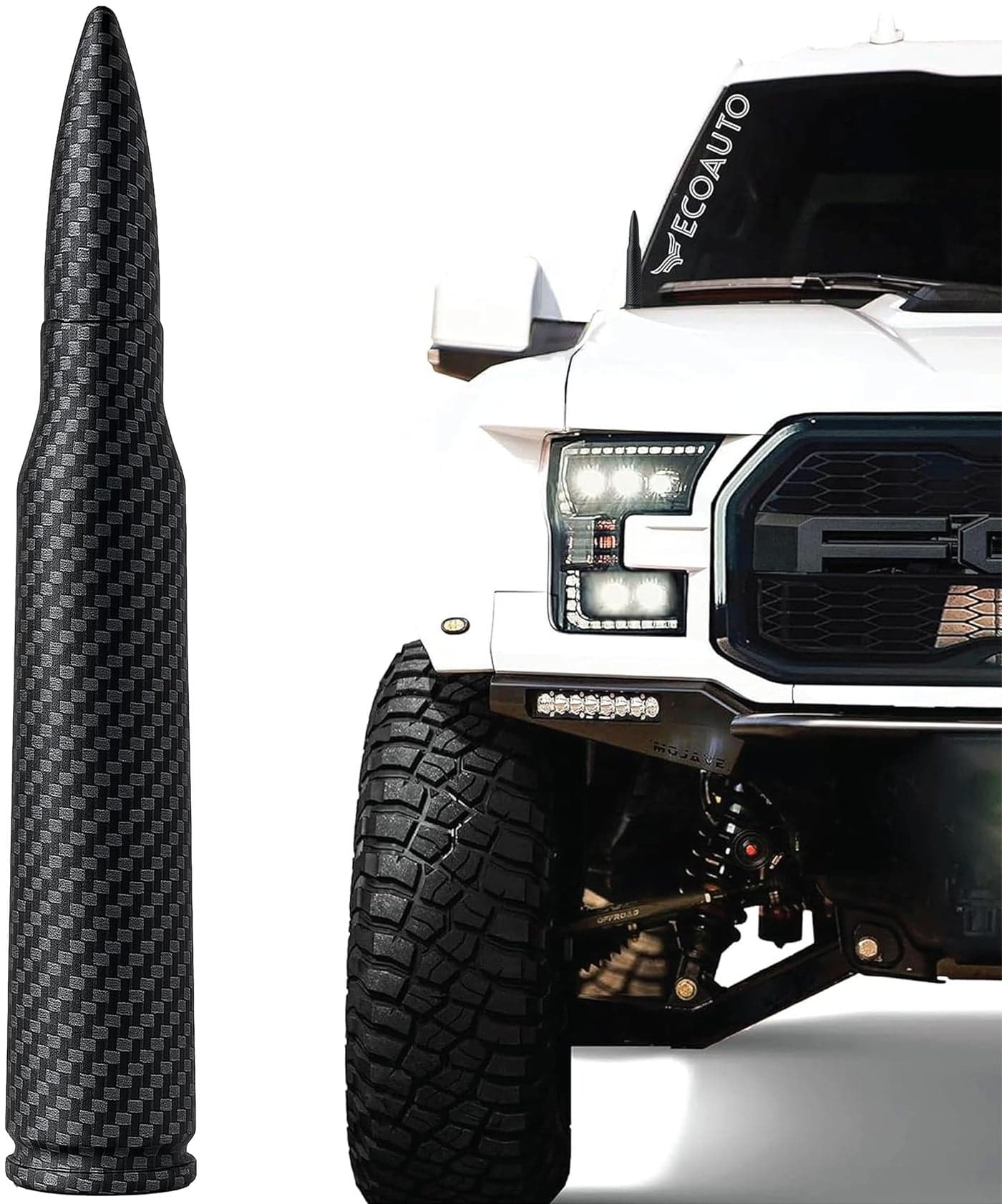 EcoAuto Bullet Antenna Replacement for Dodge Ram & Ford F150 F250 F350 Super Duty Ford Raptor Bronco Trucks - Anti-Theft Design - Radio Antenna for Truck 1990 - Current (Carbon Fiber)