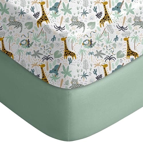 Yoofoss Pack and Play Sheets Fitted, Mini Crib Sheets 2-Pack for Pack N Play Mattress, Stretchy Playard Sheet, Soft and Breathable Green+Giraff