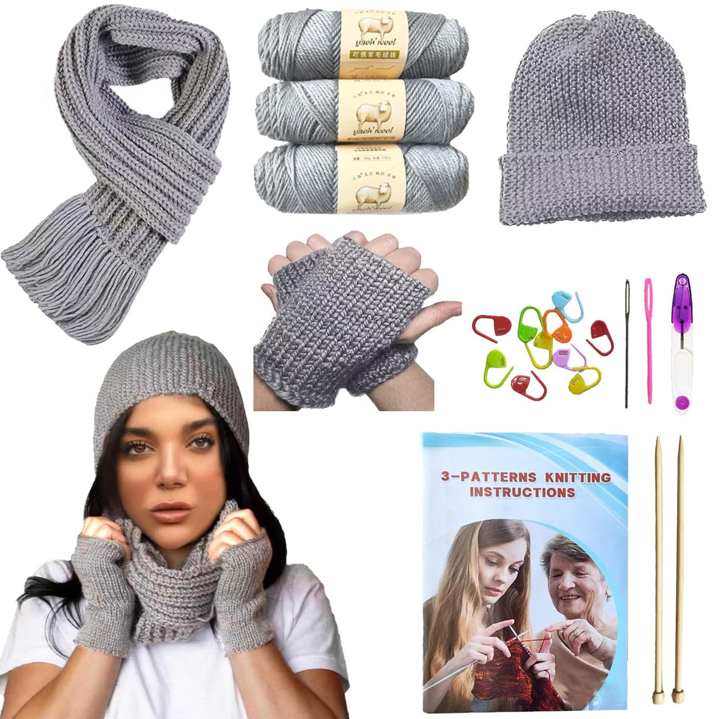 Kaaper Knitting Kit for Beginners Adults Crochet Kit for Beginners Knitting Starter Kit Learn to Knit Starter Bundle for Scarves Hats Gloves Includes Wool Yarn Needles Accessories Gray
