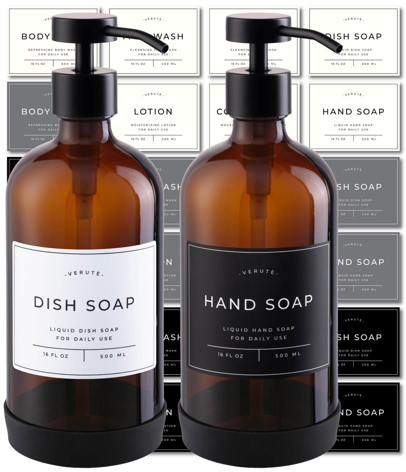 Verute 16oz Glass Soap Dispenser with Stainless Steel Pump 21 Waterproof Labels NonSlip Protective Silicone Pad Set of 2 for Bathroom Kitchen Amber BottleBlack Pump