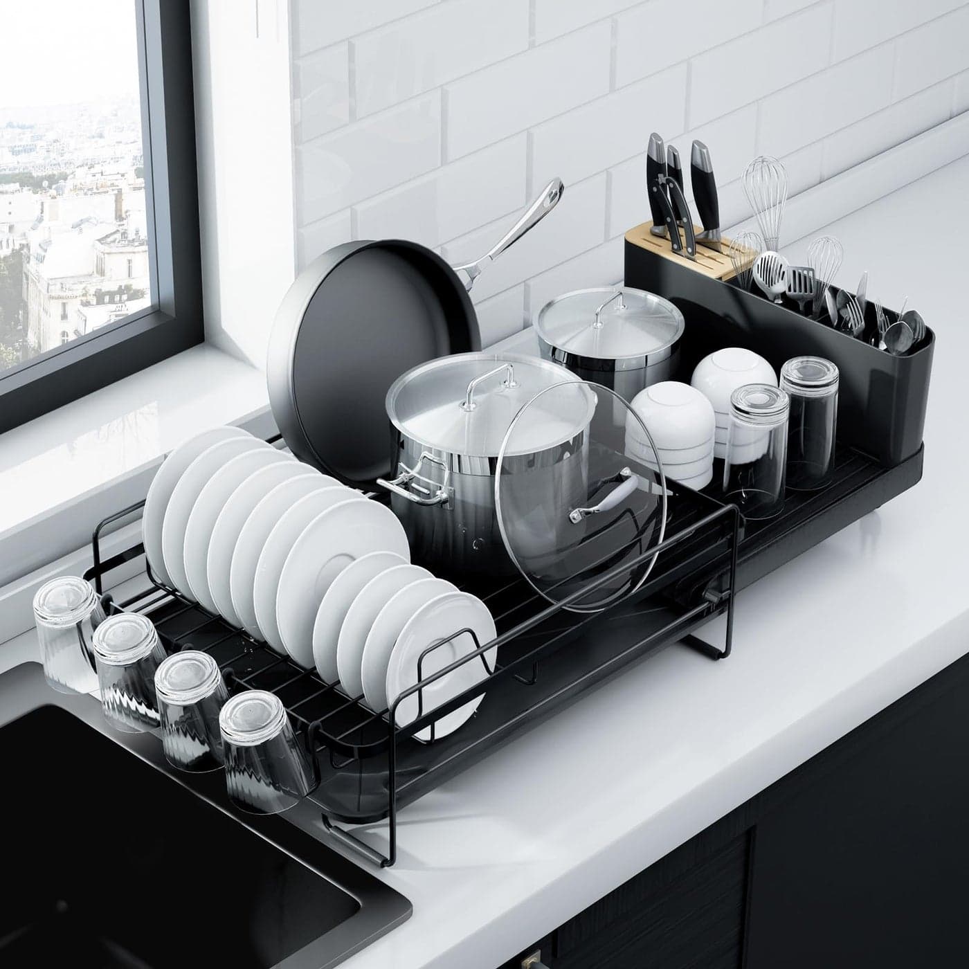 Kitsure Large Dish Drying Rack Extendable Dish Rack Multifunctional Dish Rack for Kitchen Counter AntiRust Dish Drainers with Cutlery Cup Holders 192267 L x 129 W Black