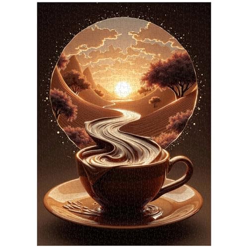 Sunset Coffee Puzzles for Adults 1000 Pieces Fantasy River Nature Landscape Art Jigsaw Puzzle Challenging Aesthetic Coffee Cup Puzzle for Home Wall Decor