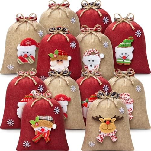 12Pcs Burlap Christmas Gift Bags with Drawstring 8x10in 3D Doll Christmas Goody Gift Bags Small Jute Xmas Candy Bag Linen Treat Reusable Xmas Gifts Wrapping Bag Holiday Party Favor Decor Santa Sacks