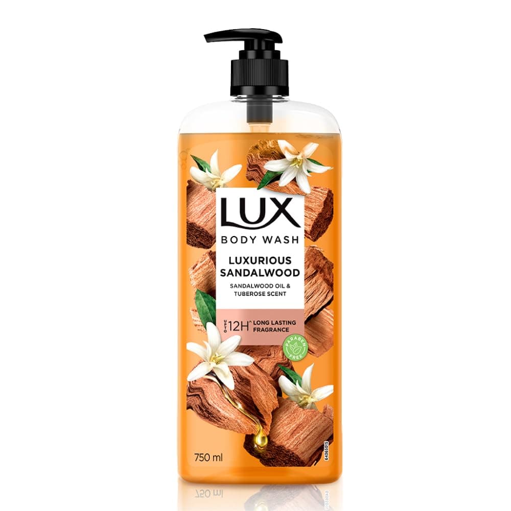 Lux Body Wash LUXURIOUS SANDALWOOD with Sandalwood Oil Tuberose scent SuperSaver XL Pump Bottle with upto 12H Long Lasting Fragrance Glycerine Paraben Free Rich Foam 750 ml