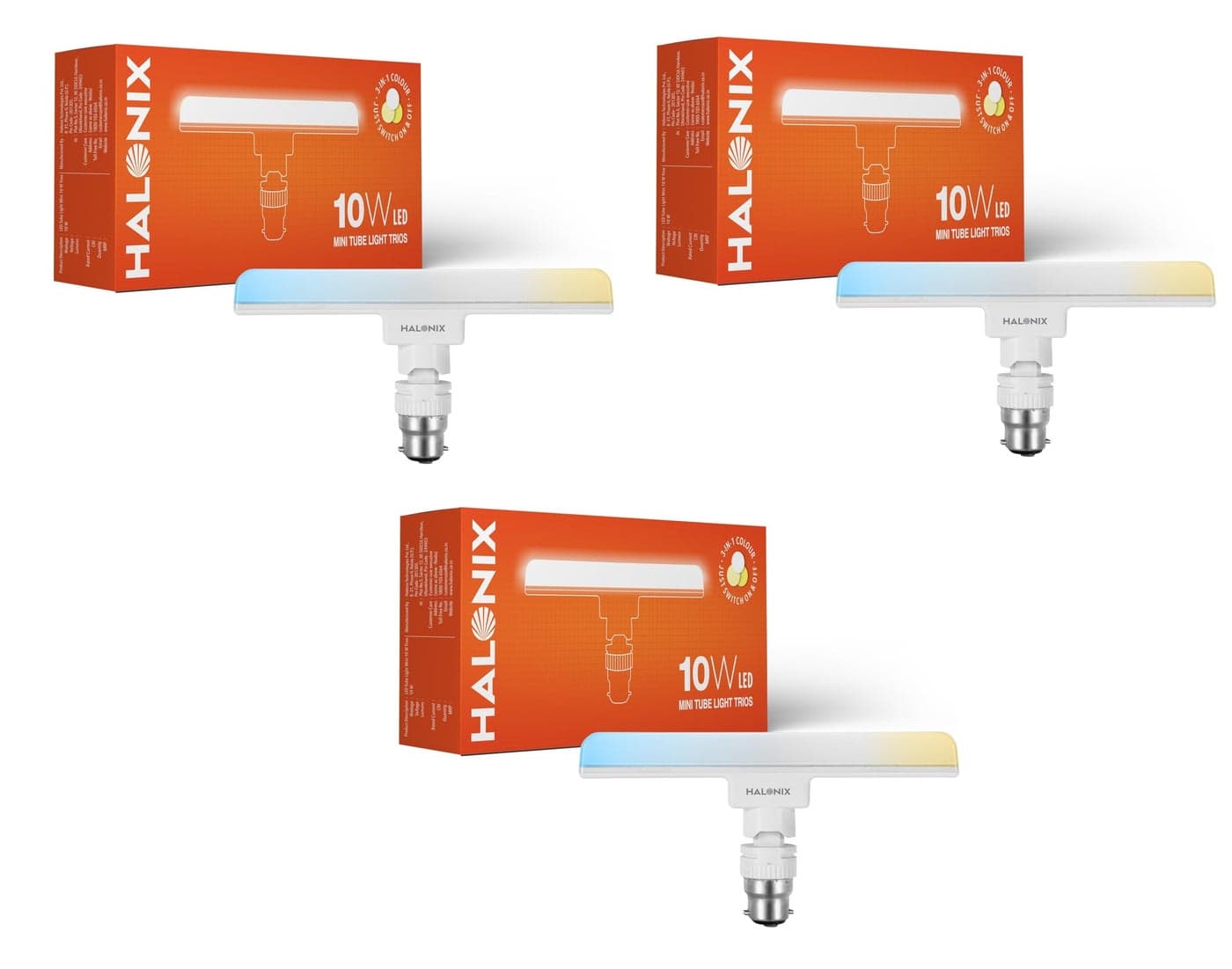 Halonix 10 Watts Trio 3-in-1 color B22d LED bulb Mini tube Light| Color- White, Off White, Yellow | Switch on-Switch off to change color| Pack of 3